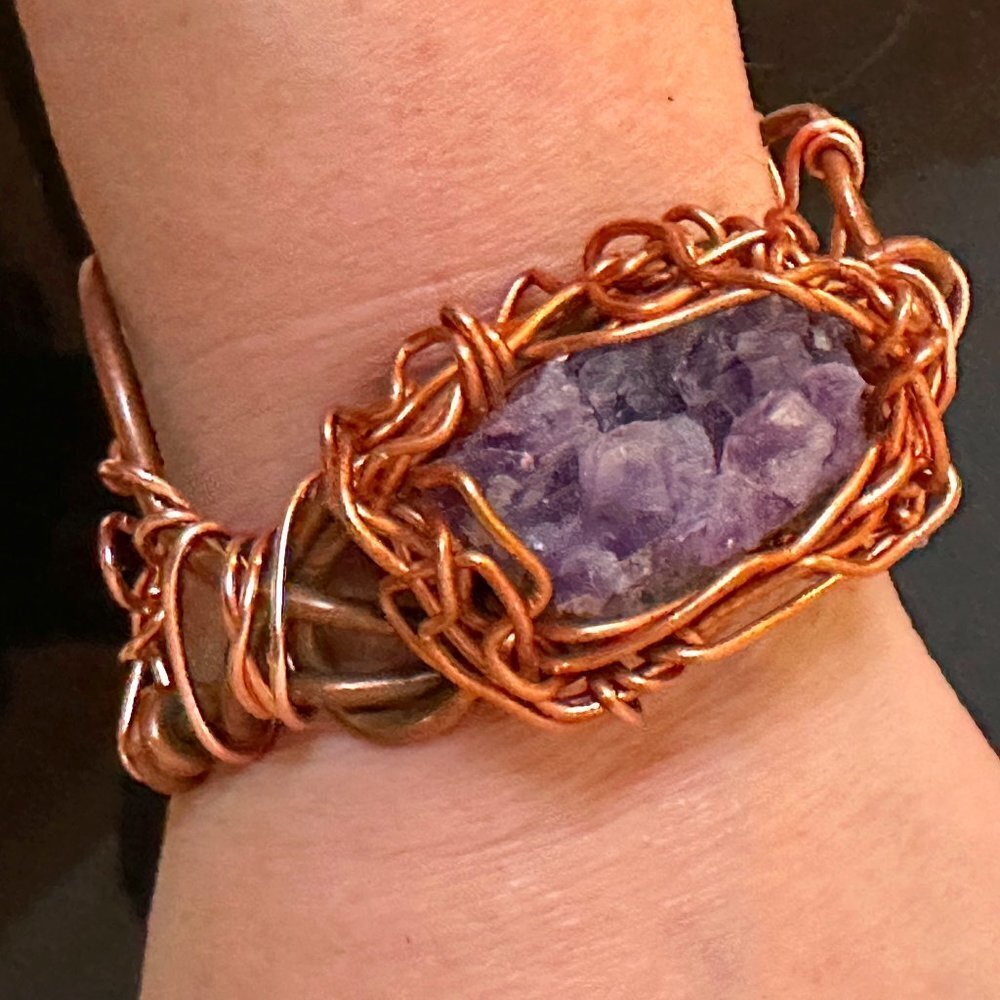 Brutalist Huge Genuine Amethyst Geode Drusy Gemstone Wire Wrapped Copper Cuff